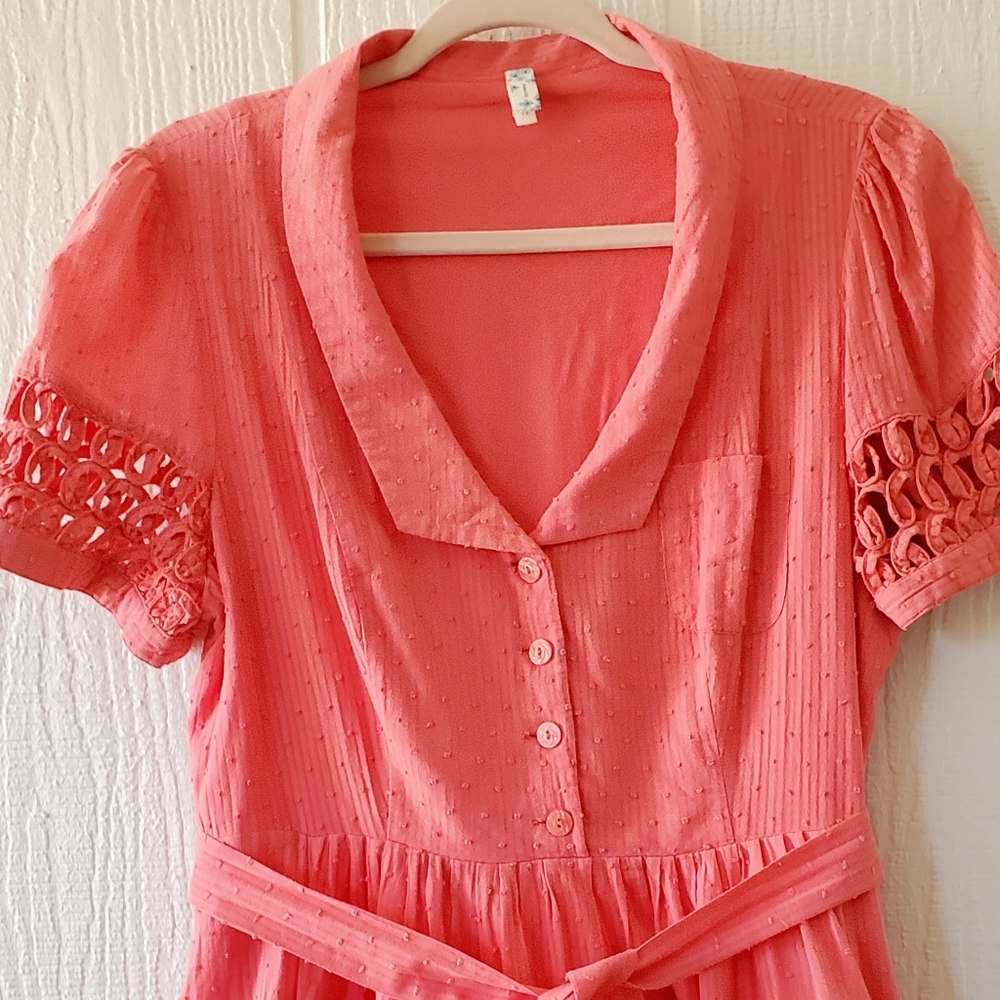 Vintage Anthropologie MaEve Pink V Neck Button Swiss Dot Swing Dress Pockets 14 - Picture 4 of 8